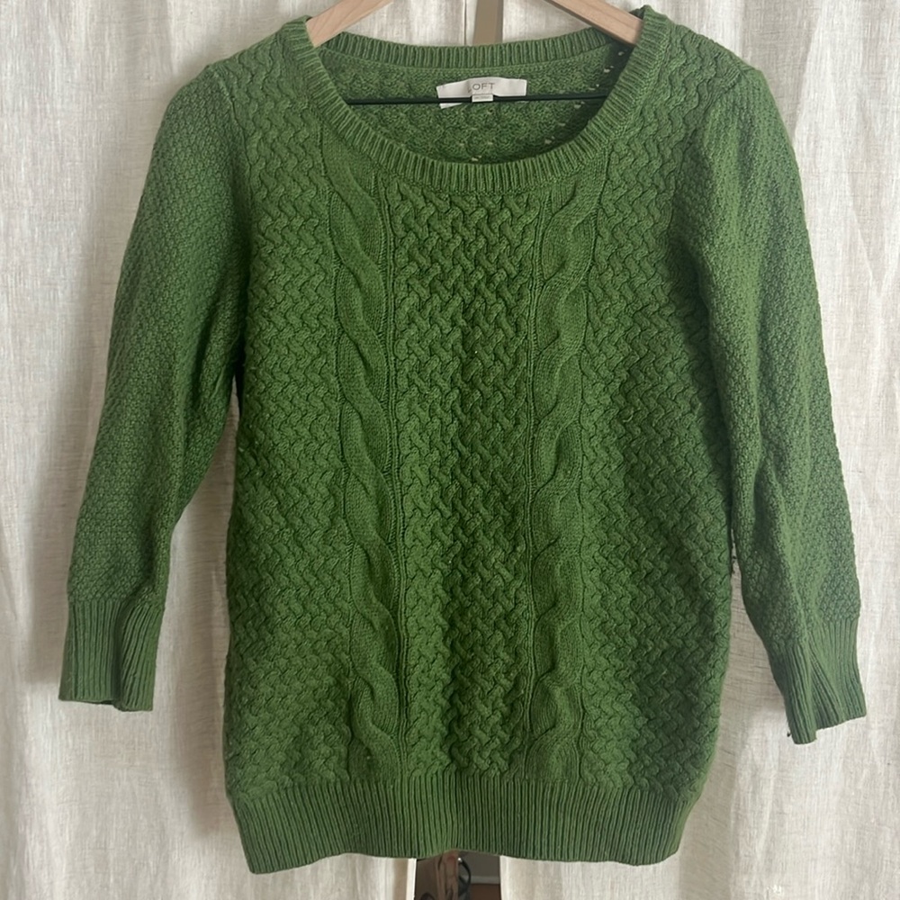 LOFT Cable Knit Quarter Sleeve Green Sweater